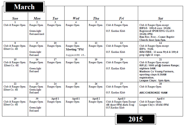 Elbert County Gun & Archery Club Schedules